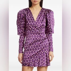 ROTATE Birger Christensen Aiken Floral Satin V-neck Puff Sleeve Mini Dress Sz 6